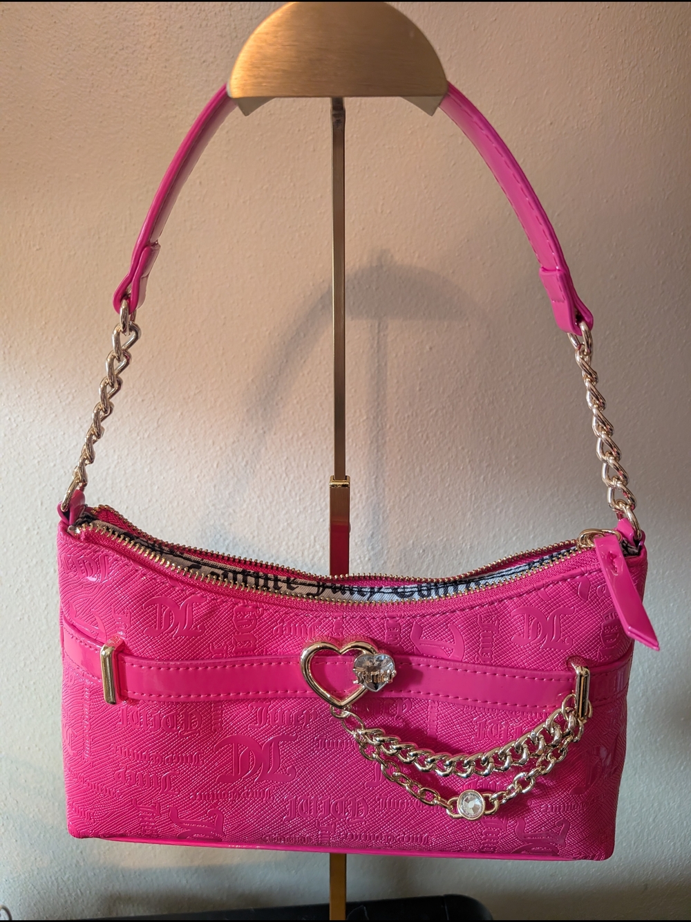 Juicy Couture Hot Pink Shoulder Bag with Heart Chain Detail